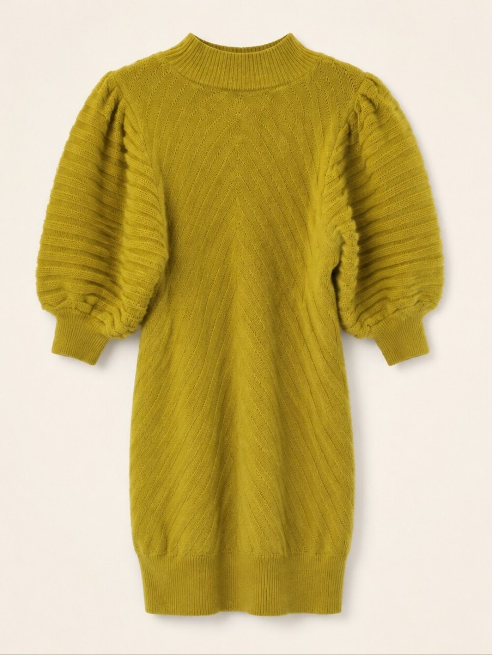 Happy x Nature Mustard Chevron Cotton Romantic Puff Sleeve Sweater Large Dress